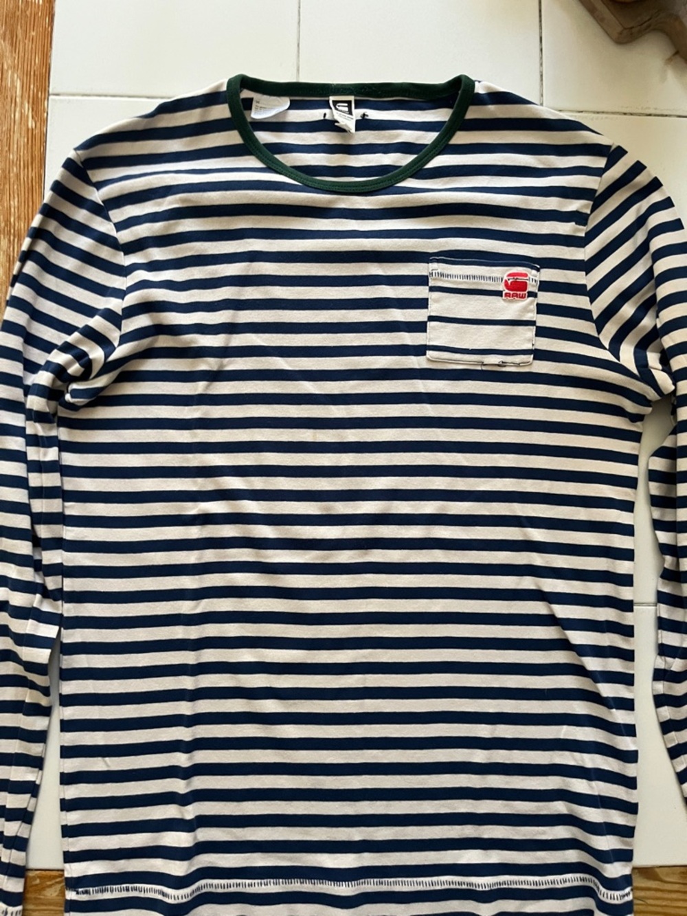 G-Star Navy and White Striped Pocket Tee with Red Logo